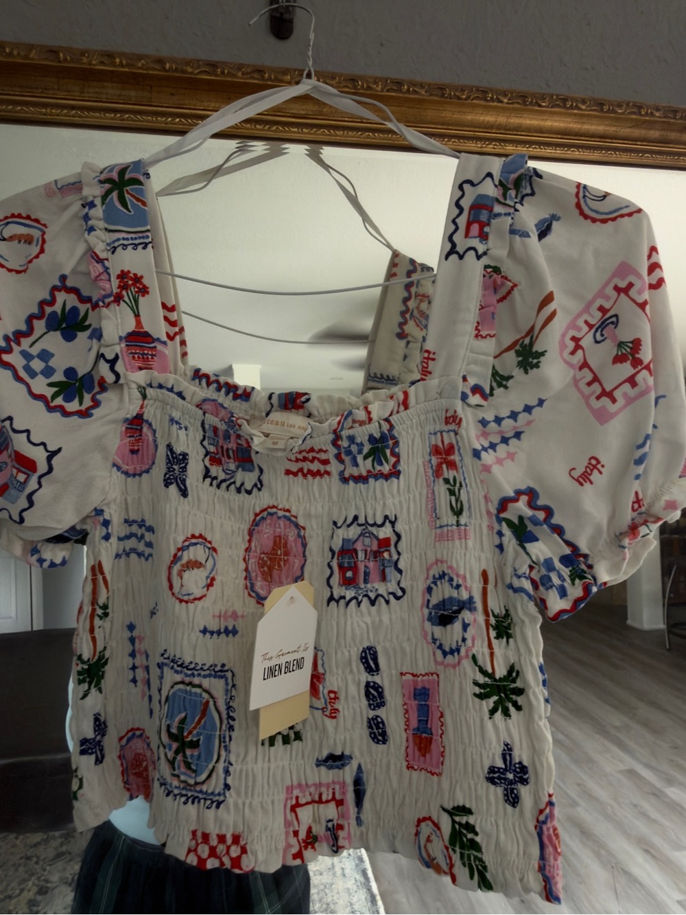 Monteau White Smocked Square-Neck Top with Multicolor Print